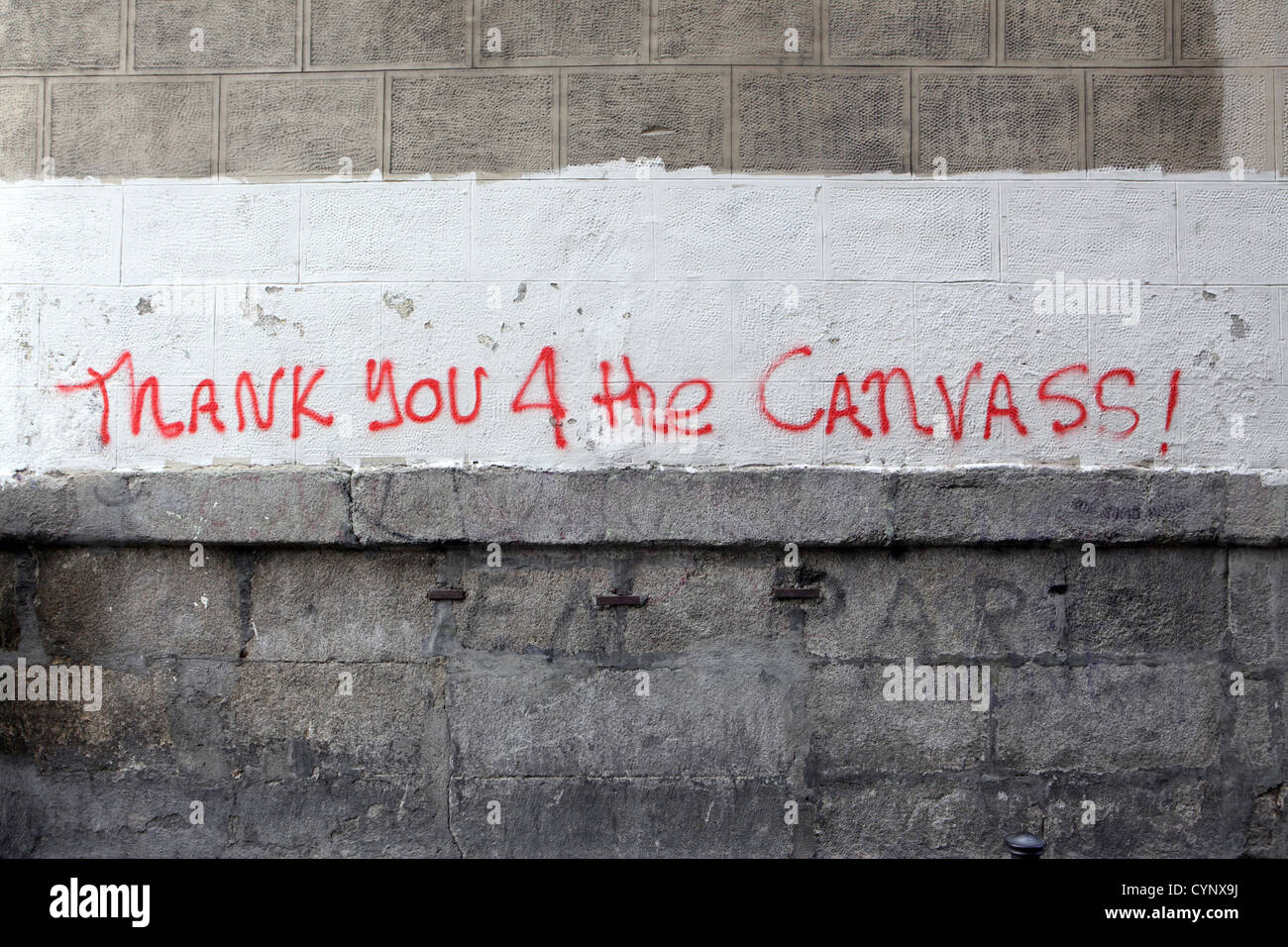 Graffiti-Streetart-Künstler trotzt der Behörden, vielen Dank für die Leinwand, übermalt gereinigte Wand, Madrid, Spanien Stockfoto