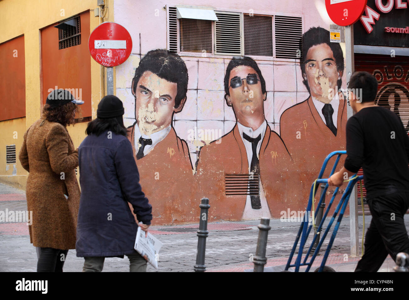 Alten Wandbild, Darstellung der Mitglieder von The Jam, 1970er Jahre mod Band, Paul Weller, Madrid, Spanien Stockfoto