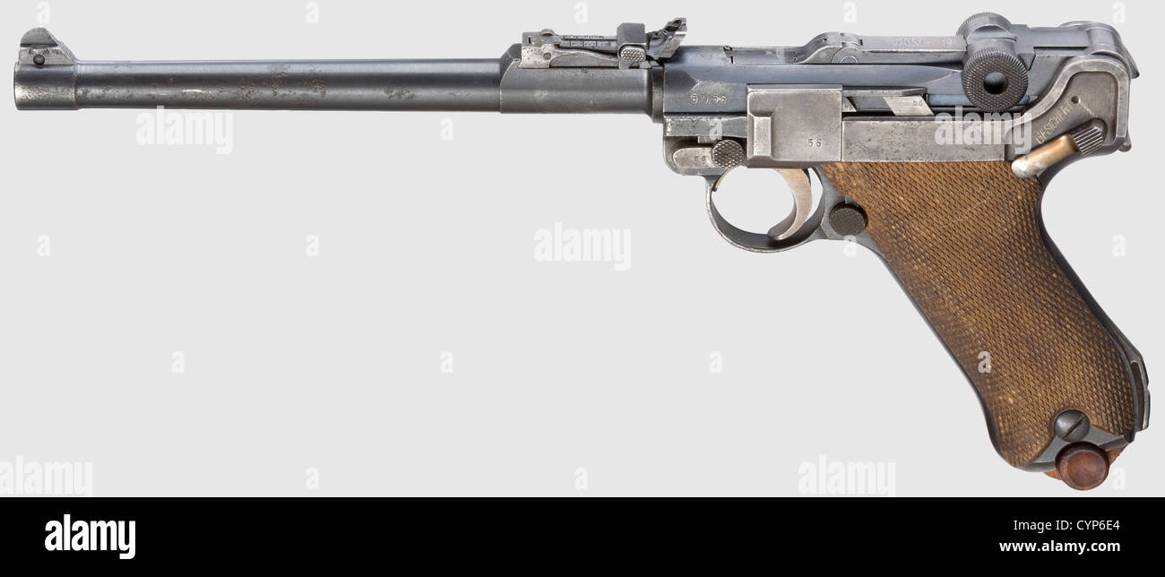 Deutsches Reich, Dienstwaffen, Pistole 08 'Luger', 9 mm, Produktionszeit: 1893 - 1945, Version mit verlängerter Lauf für die Artillerie, eingeführt in die Kaiserliche Armee 1908, Parabellum, Dienstwaffe, Waffen, Waffe, Gewehr, Gewehre, Schusswaffe, Feuerwaffen, Feuerwaffen, Handfeuerwaffen, Handfeuerwaffen, Militär, Deutschland, Deutsches Reich, Kaiserzeit, 20. Jahrhundert, 1900er, Version, Versionen, Lauf, Fässer, einführen, einführen, Armee, Armeen, Zusatzrechte-Clearenzen-nicht verfügbar Stockfoto