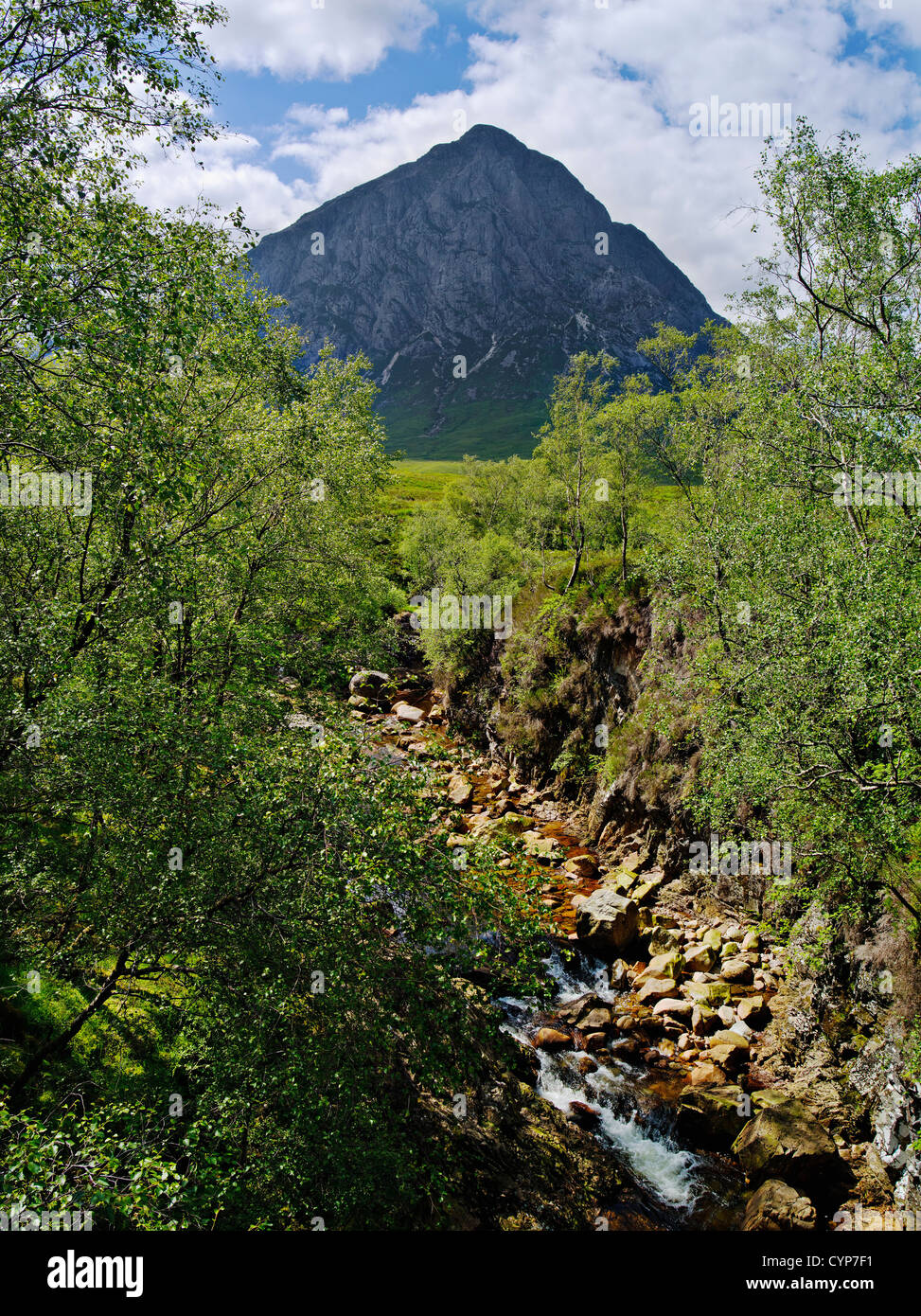 Konische Stein Berg erhebt sich über Frühling grün Stockfoto