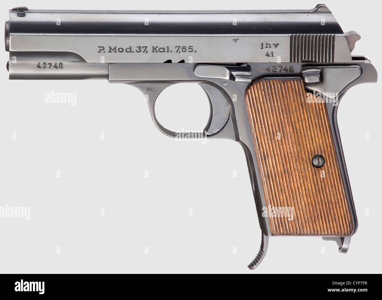 A Dreyse Mod.1910, Preußische Landgendarmerie, Cal. 9 mm Parabellum, Nr. 1177. Passende Nummern. Leicht matte Bohrung. Sieben Aufnahmen. Prüfmarkierungskrone/'N'. Auf der linken Seite des Rahmens mit der Aufschrift 'Rheinische Metallwaaren- & Maschinenfabrik / Abt.Sömmerda', rechts mit der Aufschrift 'REYSE'. Komplett original blauende Griffplatte auf der Rückseite mit leicht geflemmtem Griffband Original.Seltene, begehrte Sammlerwaffe in sehr gutem Zustand.vgl. Don Maus,Histo,Additional-Rights-Clearences-not available Stockfoto