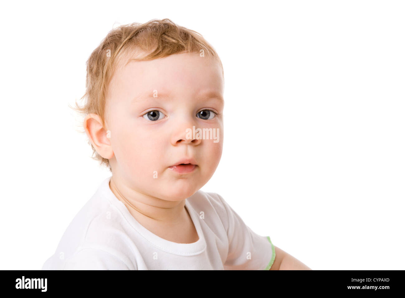 Neugierig Baby lustige Gesicht isoliert auf weiss Stockfoto