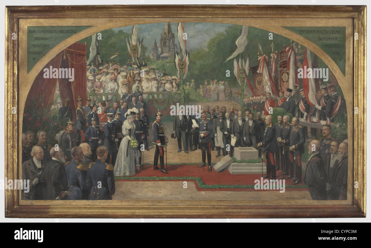 Wilhelm Beckmann(1852 - 1942),die Grundsteinlegung für die Medizinische Akademie in Berlin von Kaiser Wilhelm 1905 Öl auf Leinwand.das Kaiserpaar bei der Grundsteinlegung mit einer reich bestückten Tribüne im Hintergrund mit zahlreichen Bannern.signiert, 'W.Beckmann' und datiert unten rechts 1908.Bildmaße 121 x 67.5 cm.in einem vergoldeten Bronzestatuben hinter Glas.Rahmenmaße 128 x 75.5 cm.Wilhelm Beckmann(1852 - 1942),Deutscher Maler studierte von 1870 bis 72 an der Düsseldorfer Akademie bei Eduard Bendemann.zunächst aktiv als h,Zusatz-Rechte-Clearenzen-nicht verfügbar Stockfoto