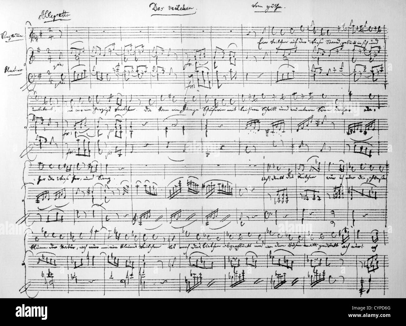 Musikalische Handschrift von Wolfgang Amadeus Mozart, Musik für Goethes Veilchen Stockfoto