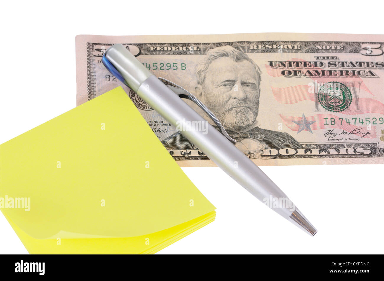 Fünfzig Dollar, Stift und Notizbuch isoliert auf weißem Hintergrund Stockfoto