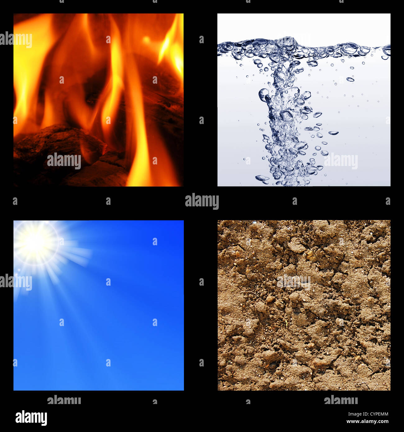 die vier Elemente Erde, Wind, Wasser und Feuer Stockfoto