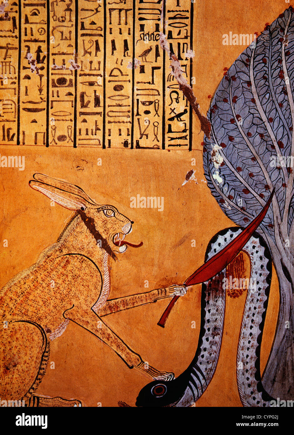 Kaninchen-Eared Cat, verbunden mit dem Sonnengott Ra Tötung Apophis, Serpent Gott der Unterwelt, Malerei, Grab des Inherkhaui Stockfoto