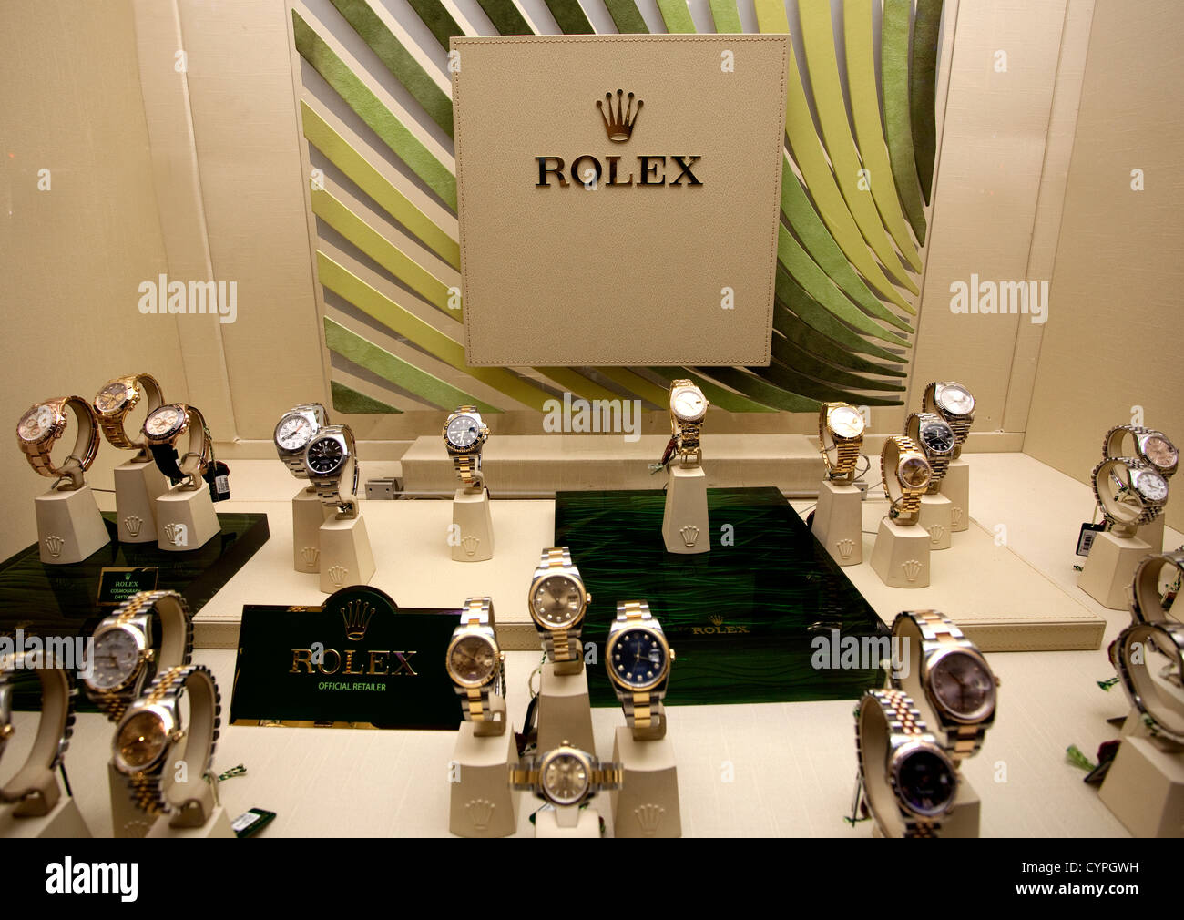 London-Schaufenster anzeigen Luxus Rolex-Uhren Stockfoto