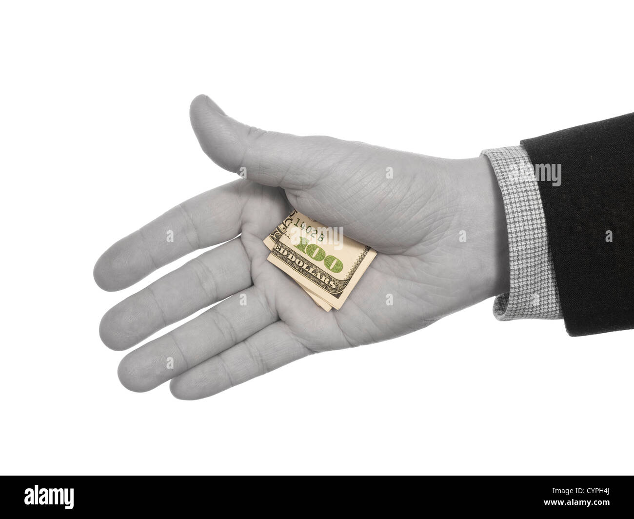 Schwarze und weiße Hand eines Mannes versteckt bunte hundert Dollar Trinkgeld. Stockfoto