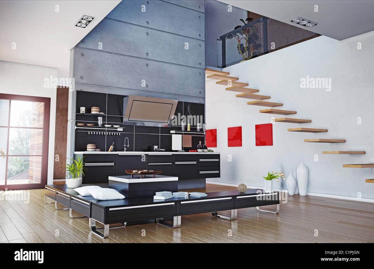 die moderne Küche Interior Design (3D-Rendering) Stockfoto