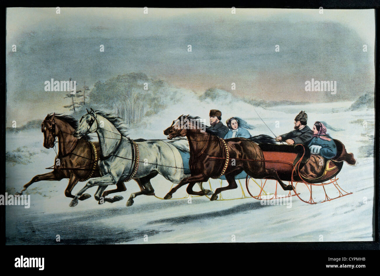 Fahrt mit dem Pferdeschlitten, Currier & Ives, Lithographie, 1859 Stockfoto