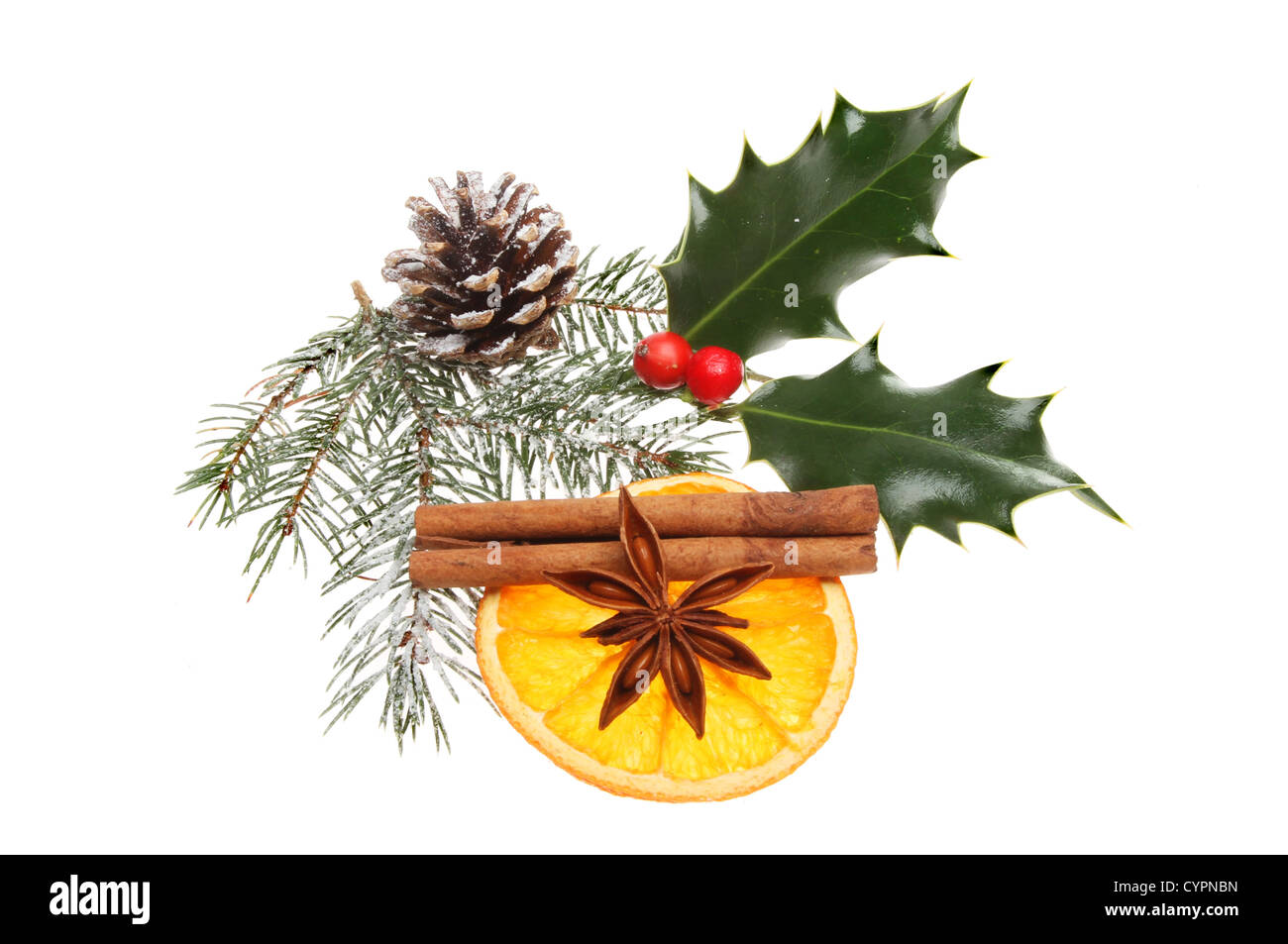 Weihnachten Dekoration orange Sternanis und Zimt mit saisonalen Laub Stockfoto