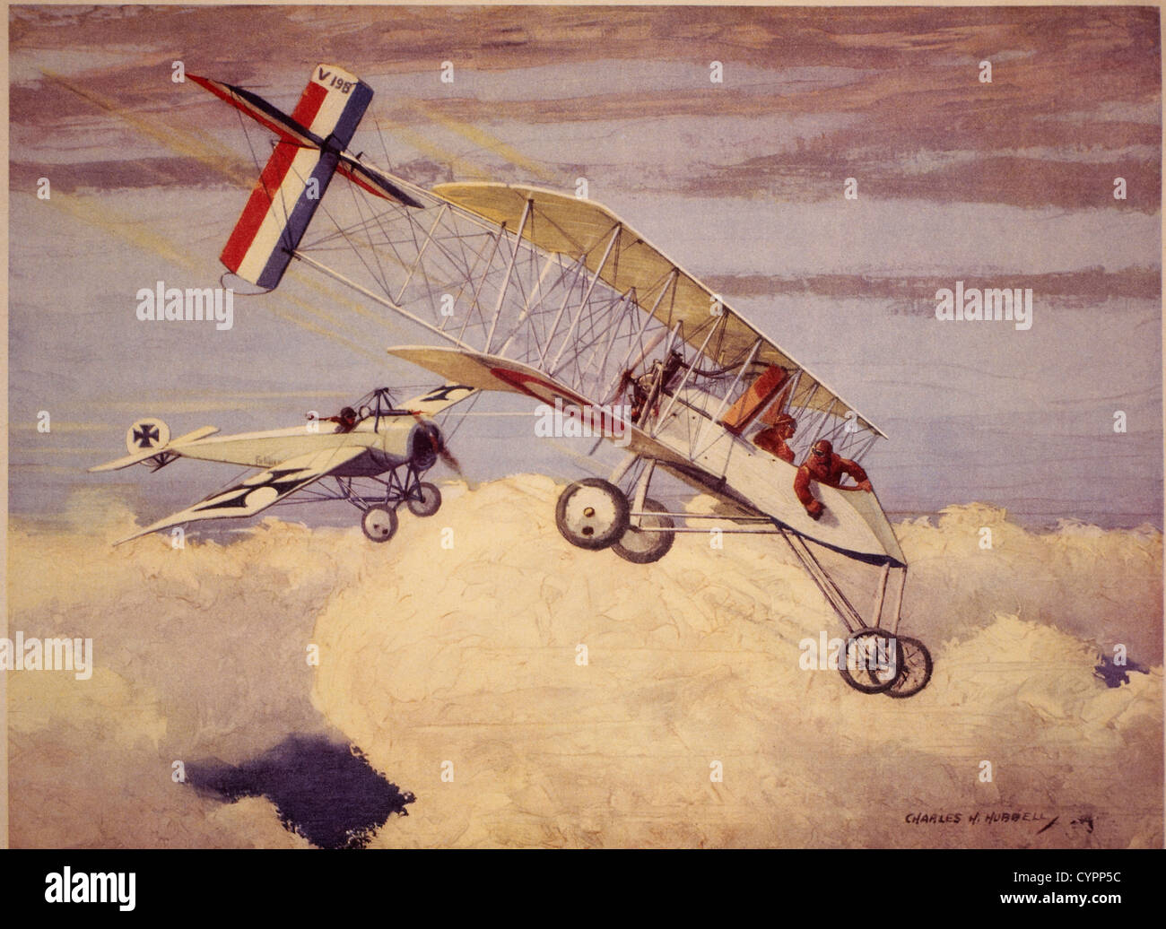 Deutsche Fokker Eindecker angreifenden französischen Voisin Doppeldecker, um 1915 Stockfoto