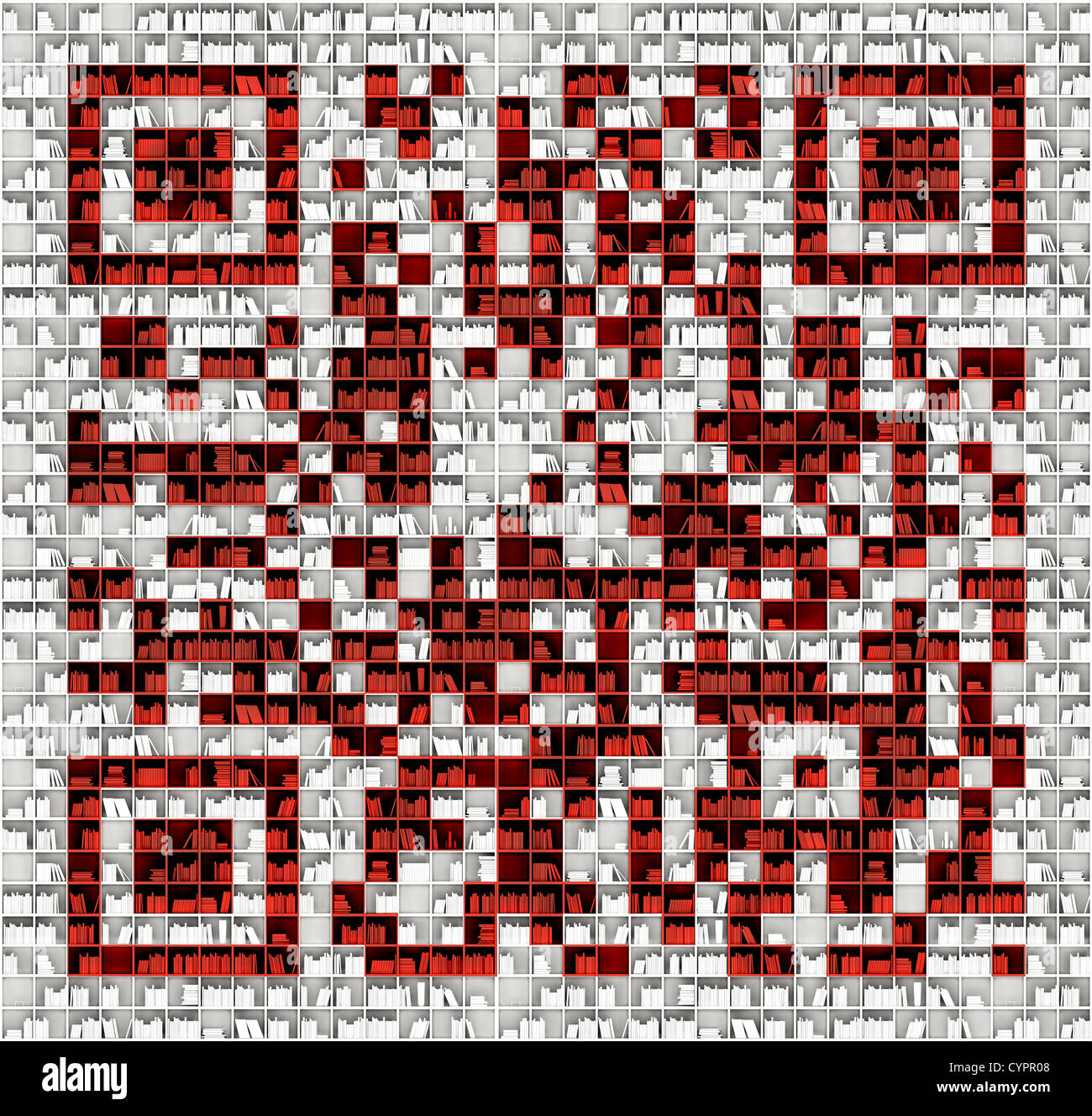 QR-Code in Matrix der Bücherregale (illustrierte Konzept) Stockfoto