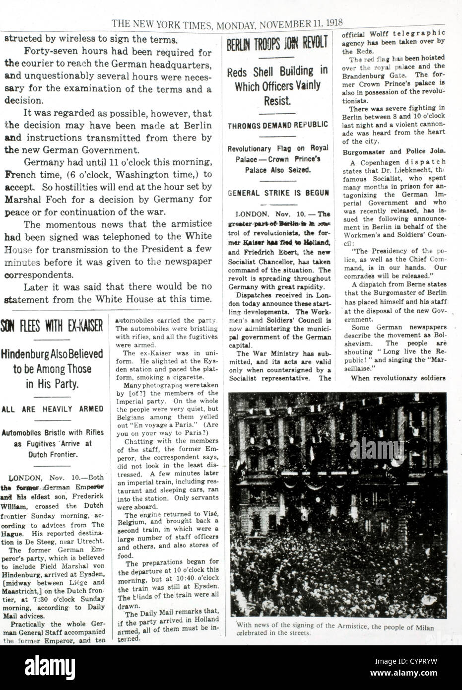 Waffenstillstand unterzeichnet, Ende des Krieges, Innenseite der New York Times, 11. November 1918 Stockfoto