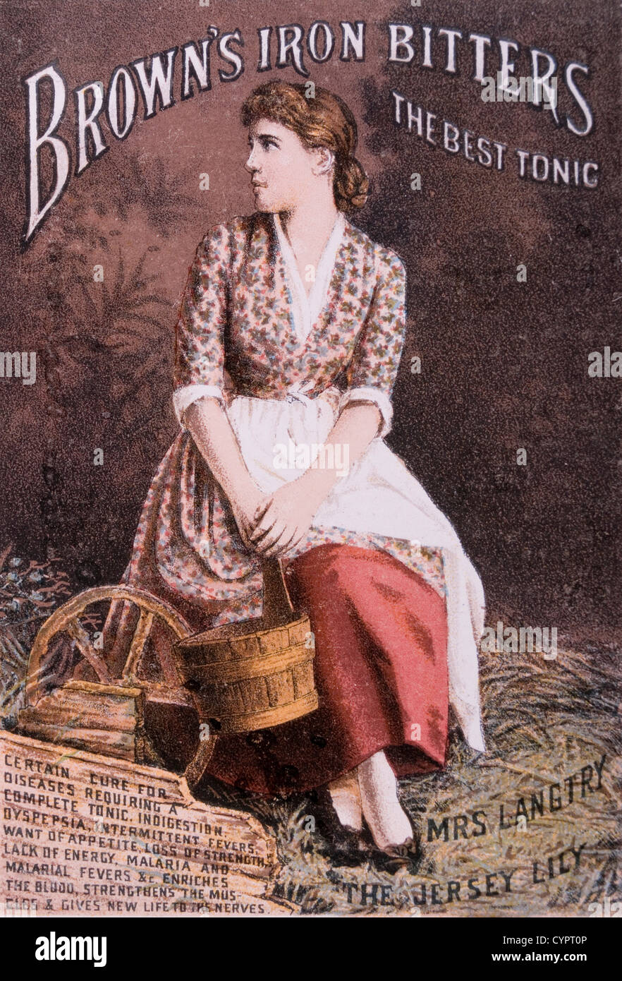 Frau sitzt und hielt Eimer, Browns Eisen Bitters, Handel Karte, um 1900 Stockfoto