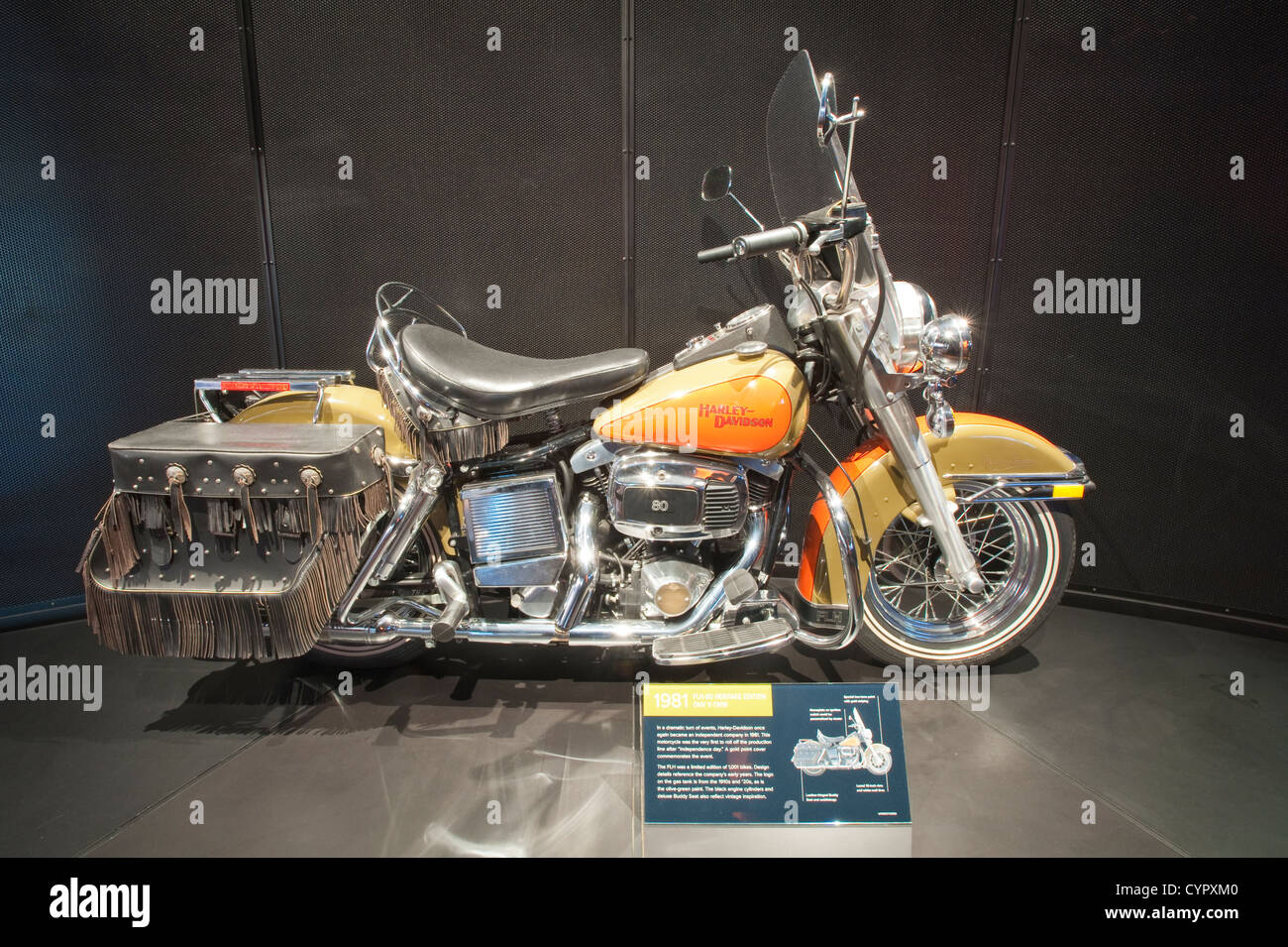 1981 FLH-80 Heritage Edition OHV V-Twin Motorrad Harley Davidson Museum, Milwaukee, Wisconsin. Stockfoto