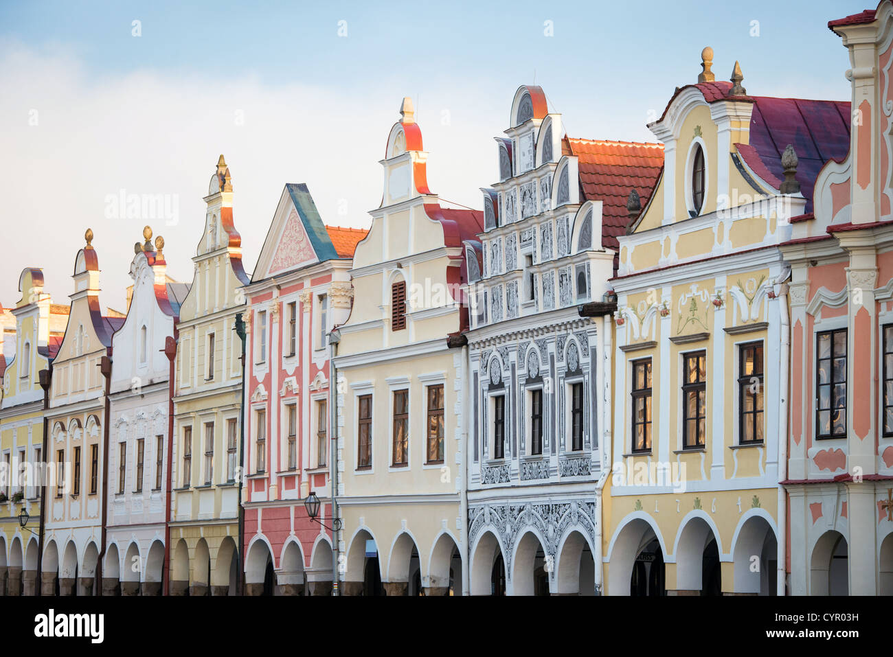 Fassade der Renaissance und des Barock Häuser in Telc, Süd-Mähren, Tschechische Republik - UNESCO Weltkulturerbe Stockfoto