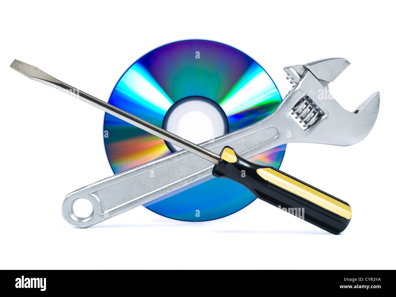 Technischer Support, beheben Probleme-Symbol. Ein Schraubenschlüssel, ein Schraubendreher und eine digital Disc. Stockfoto