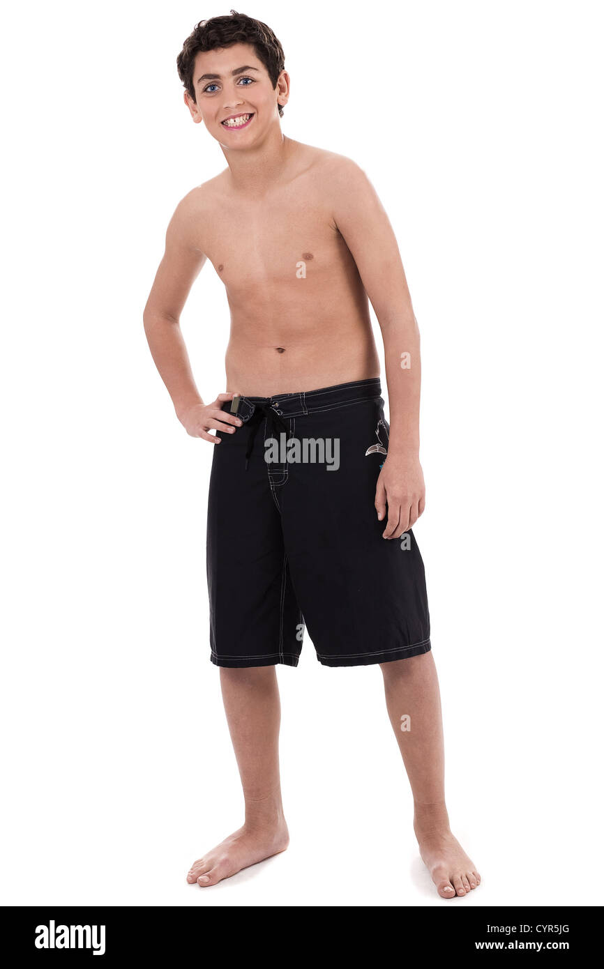Hübscher Teenager mit Hosen nur auf Isoalted weißen Hintergrund Stockfoto