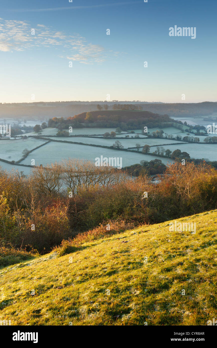 Blick vom Cam lange nach unten in Richtung Downham Hill. Die Cotswolds. Gloucestershire. England. VEREINIGTES KÖNIGREICH. Stockfoto