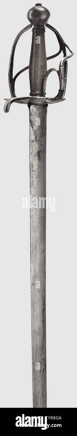Ein Schwert für preußische unregelmäßige Dragoons, 2. Form, Mitte 18. Jahrhundert gerade Klinge von linsenförmigen Querschnitt, ein Adler-Marke auf einer Seite geschlagen.Eisengriff (Knöchel-Bogen gebrochen) mit einer großen Schutzplatte.abgeschrägten Griff, gerillt entlang der Seiten, mit feinen Messingdraht Wicklung und Türken Köpfe.Ball Knauf.Länge 108.5 cm.die unregelmäßige so genannte preußische "Freikorps" wurde angehoben, um kostengünstig zu bieten Truppen für 'kleine Kriege' und für lokale Bedürfnisse.die Freicorps Kavallerie wurde mit preiswerten Waffen aus Arsenal-Lager wie das Stück präsentiert sie ausgestattet,Additional-Rights-Clearences-nicht verfügbar Stockfoto