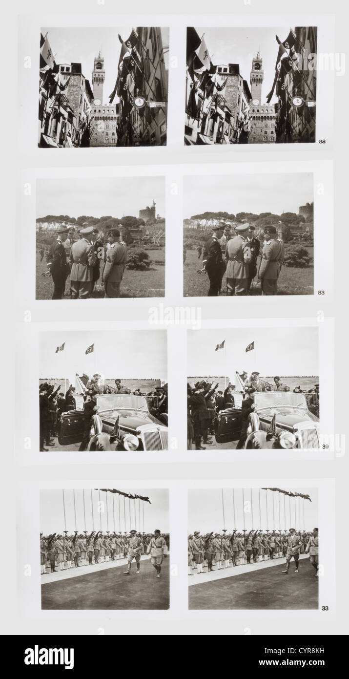 Hitler - Mussolini - der Staatsbesuch des Führers in Italien,Heinrich Hansen,Raumbildverlag Otto Schönstein 1938 gelblicher, rot geprägter Einband. Text von Heinrich Hansen, Prolog des Reichspressechefs Otto Dietrich. 100 Stereogramme, davon 24 in den 48 Seiten des Textteils eingearbeitet. Mit Stereoskop. Leichte Gebrauchsspuren und Altersspuren. Extrem selten, historisch, historisch, Menschen, 1930er, 20. Jahrhundert, NS, Nationalsozialismus, Nationalsozialismus, Drittes Reich, Deutsches Reich, Deutschland, Deutsch, Nationalsozialismus, Nazi, Nazi-Zeit, Faschismus, Fotografie, Zusatzrechte-Clearences-nicht verfügbar Stockfoto