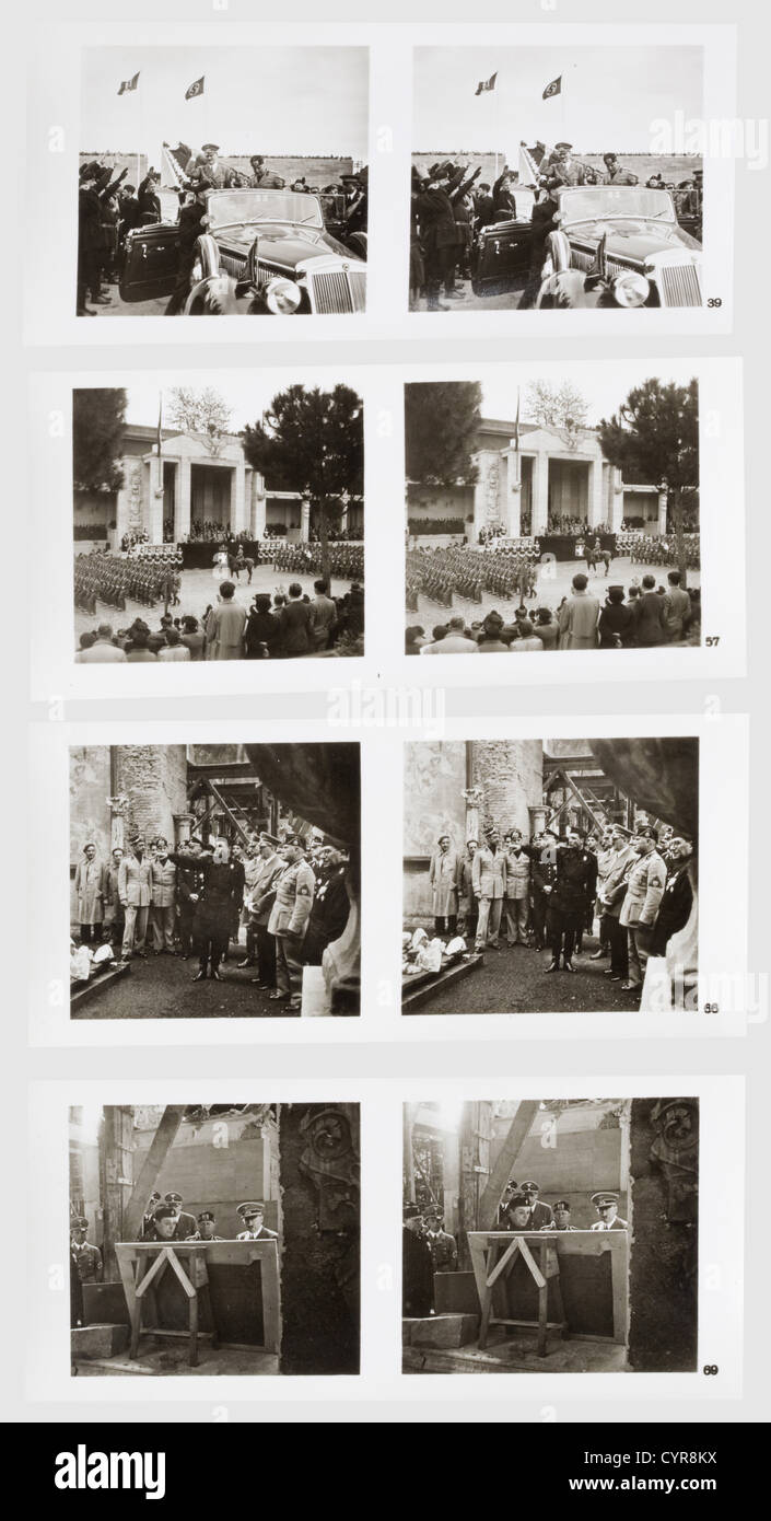 Hitler - Mussolini - der Staatsbesuch des Führers in Italien,Heinrich Hansen,Raumbildverlag Otto Schönstein 1938 gelblicher, rot geprägter Einband. Text von Heinrich Hansen, Prolog des Reichspressechefs Otto Dietrich. 100 Stereogramme, davon 24 in den 48 Seiten des Textteils eingearbeitet. Mit Stereoskop. Leichte Gebrauchsspuren und Altersspuren. Extrem selten, historisch, historisch, Menschen, 1930er, 20. Jahrhundert, NS, Nationalsozialismus, Nationalsozialismus, Drittes Reich, Deutsches Reich, Deutschland, Deutsch, Nationalsozialismus, Nazi, Nazi-Zeit, Faschismus, Fotografie, Zusatzrechte-Clearences-nicht verfügbar Stockfoto