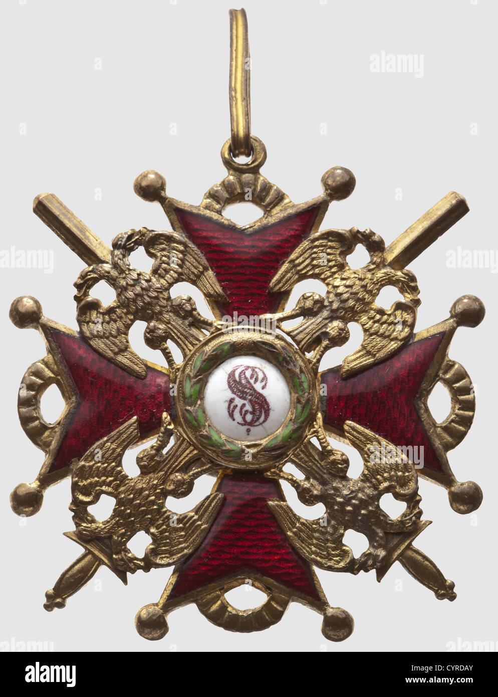 Stanislaus-Orden, 2. Klasse Kreuz, Russland, provisorische Regierung 1917 Bronze, vergoldet und in Gebieten emailliert, der umgekehrte Kreuzarm mit dem russischen Herstellerzeichen 'Eduard'. Maße 50 x 48 mm, Gewicht 25 g, historisch, historisch, 1910er, 20. Jahrhundert, Medaille, Dekoration, Medaillen, Dekorationen, Ehrenzeichen, Ehrenzeichen, Ehrenzeichen, Ehrenzeichen, Objekt, Objekte, Stills, Ausschneiden, Ausschneiden, Ausschneiden, Ausschnitte, Zusatzrechte-Clearences-nicht verfügbar Stockfoto