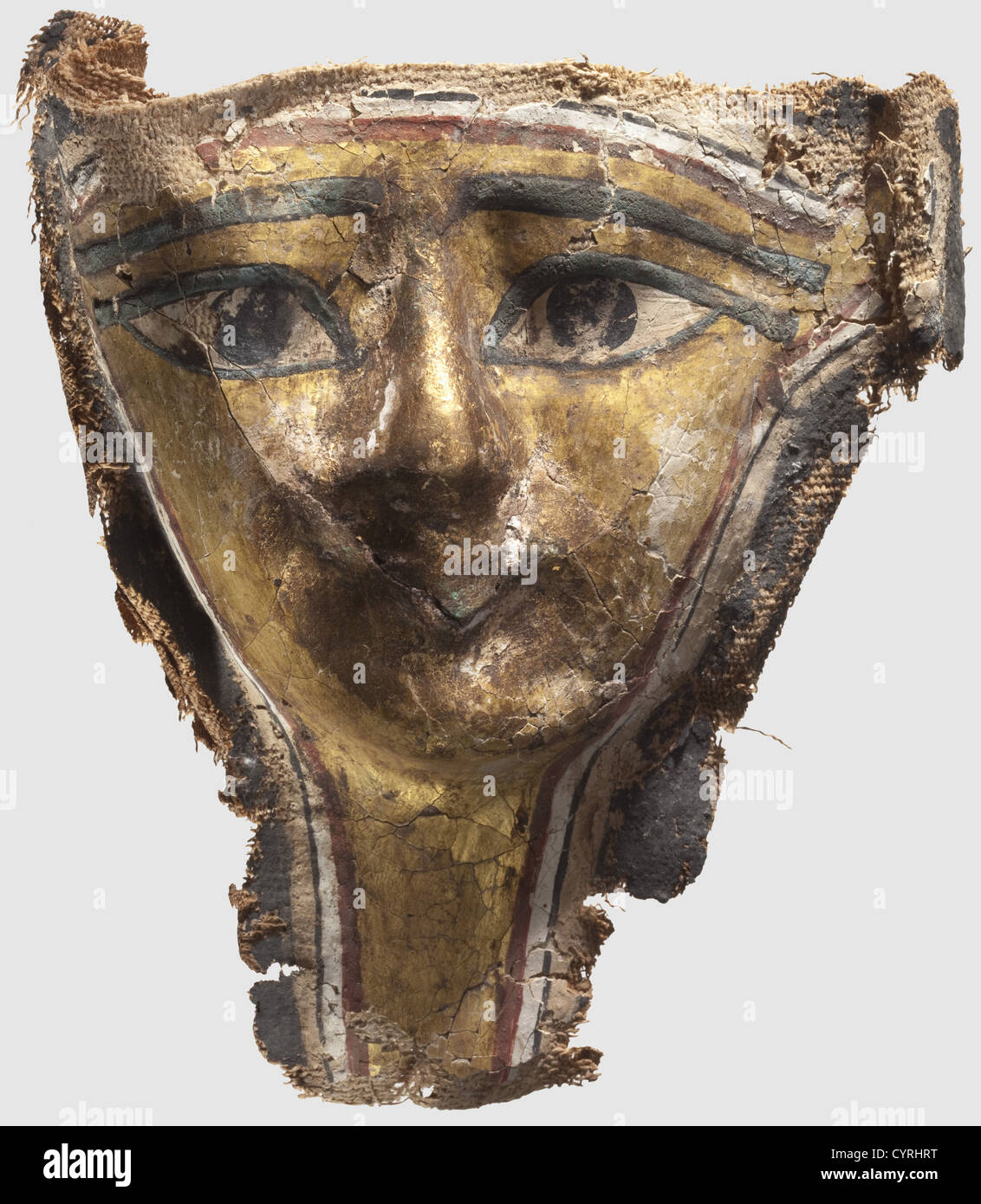 Eine ägyptische Mumienmaske, New Kingdom, 12-10. Jahrhundert v. Chr. Maske  in Hochrelief, aus drei Lagen Leinen, die Rückseite des Nasenabschnitts mit Gips  verstärkt. Die Vorderseite mit fein bemalter, teilweise vergoldeter Maske  auf