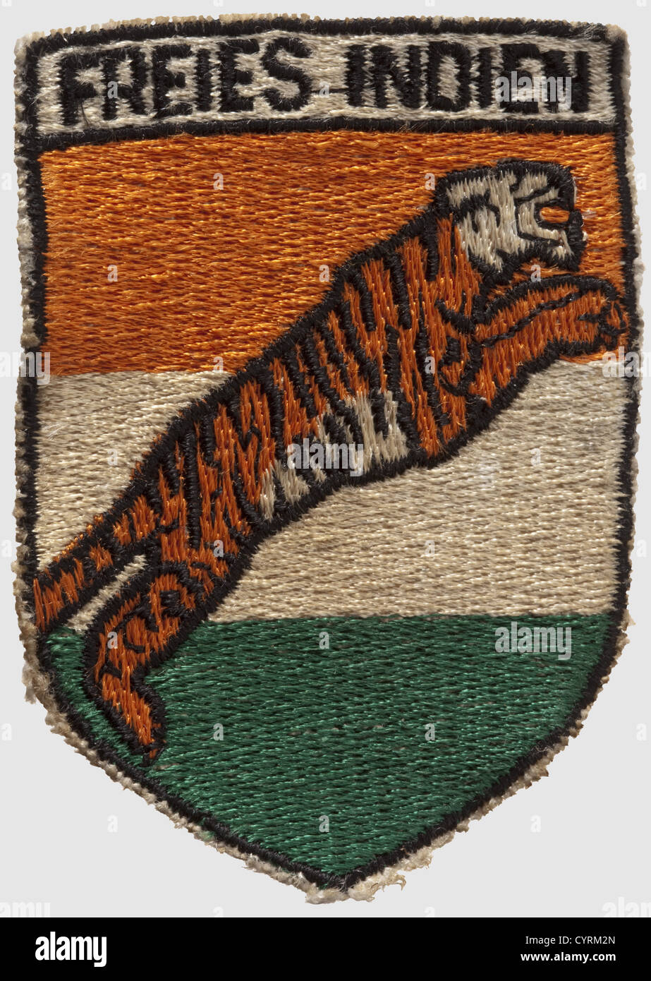 Ein Ärmelabzeichen für die Indianische Ehrenlegion,des Waffen-SS-Abzeichen in Form eines Schildes mit dem springenden Tiger der 'Azad Hind' und deutscher Inschrift 'Freies Indien'(Freies Indien),in den indischen Nationalfarben Orange,Weiß und Grün,maschinenbestickt in der typischen RZM-Mode der SS.die Legionäre der Die Wehrmacht trug stattdessen Abzeichen in bevo-Mode.die 'Indische Legion' wurde 1942 aus indischen Kriegsgefangenen als Infanterie-Regiment(ind)950 gegründet.die Legion wurde 1944 unter Kontrolle der Waffen-SS gestellt.die l,Additional-Rights-Clearences-nicht verfügbar Stockfoto