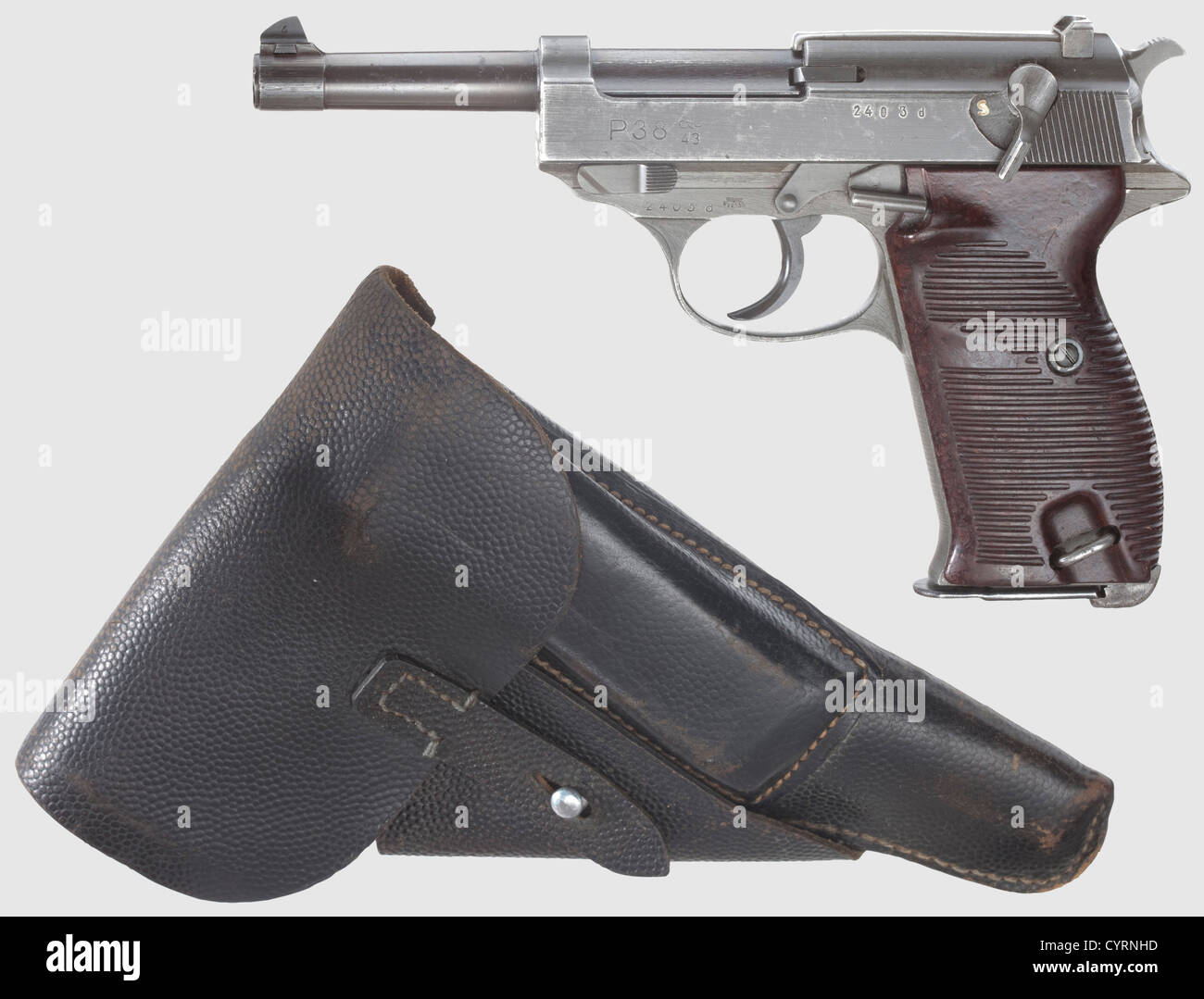 Mauser P 38, FN Slide mit Code 'ac 43', Dual-Ton, mit Holster, Cal. 9 mm Parabellum, Nr. 2403d. Passende Nummern.Bright Bohrung.verschiedene Akzeptanzzeichen Adler / 'WaA135' auf Dia und Griffrahmen.Barrel mit original Finish, Dia in original dunkelgrau Phosphatierung, leicht fleckig auf der rechten Seite.Grip Rahmen phosphatisiert hellgrau.Dunkelbraun Bakelit Griffplatten Ein seltenes collectorïs-Objekt.Hinweis: Der Dia ist für 43 Walther vom Subunternehmer FN vorcodiert und innen mit 'M' gekennzeichnet, Zusatzrechte-Abferungen-nicht verfügbar Stockfoto