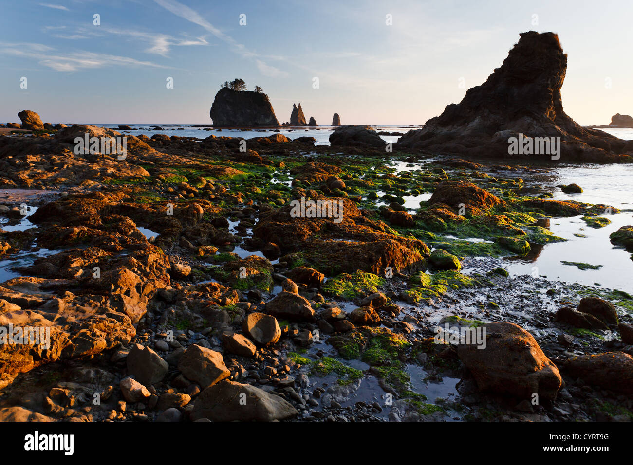 Sonnenuntergang an Gezeitenbecken und felsiger Küste mit vorgelagerten Meeresstapeln Stockfoto