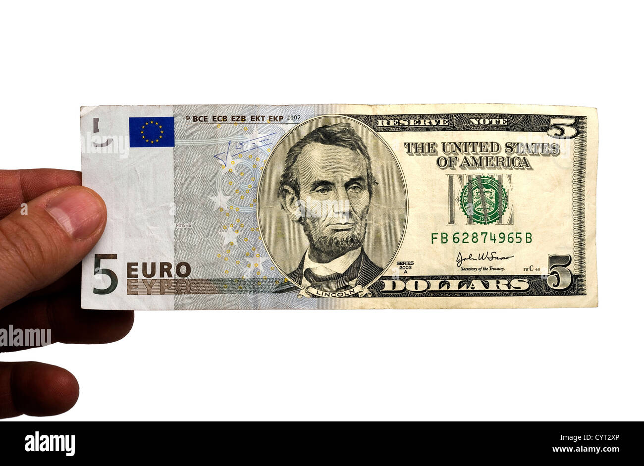 Kombiniert einen fünf Euro und einen fünf-Dollar-Schein Stockfoto