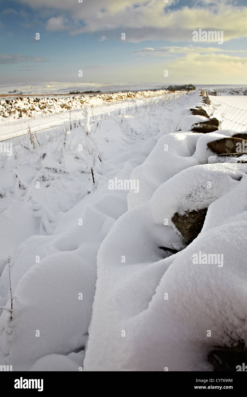 Kleinfarm. Heftige Schneefälle und gesperrte Straße in Nidderdale, North Yorkshire. Stockfoto