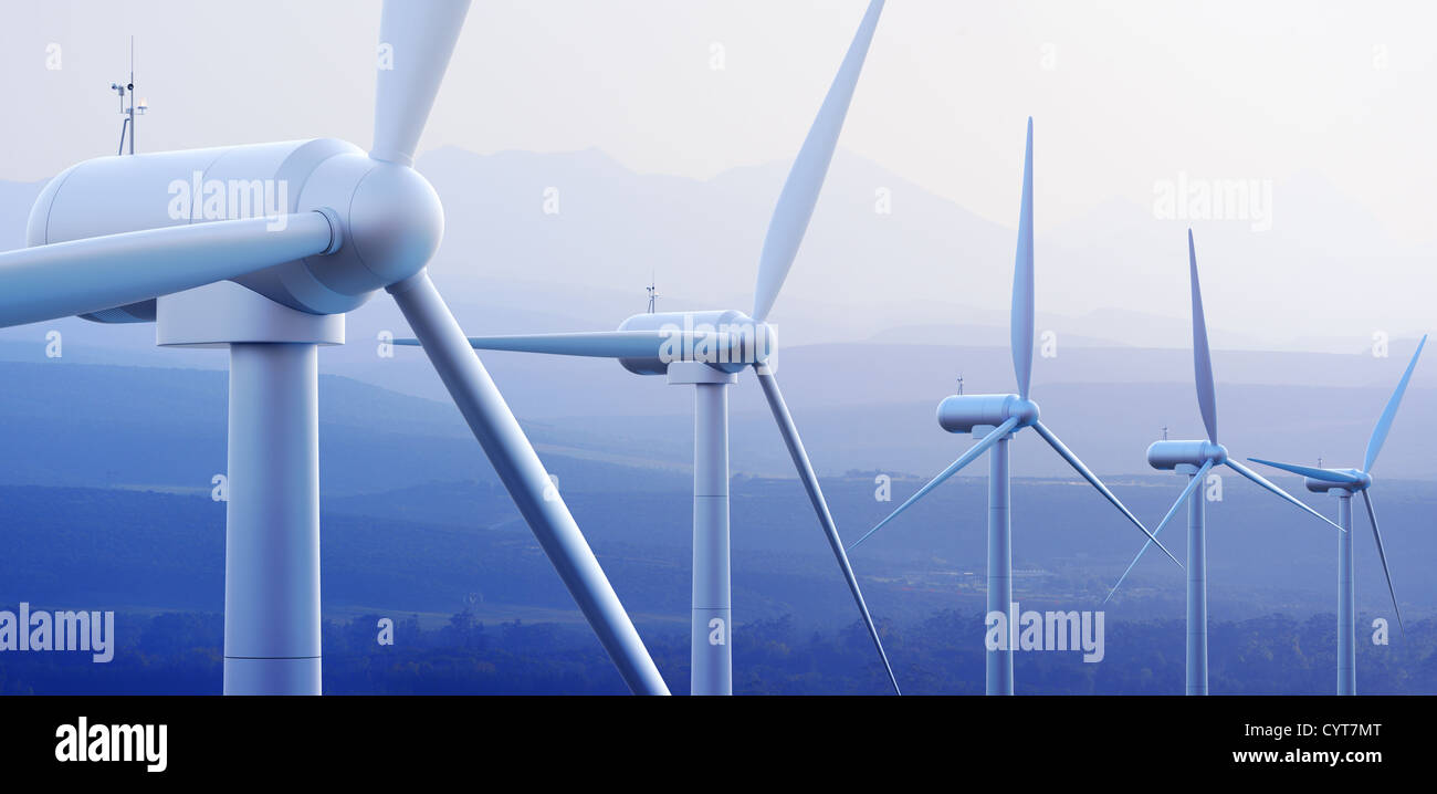 Windpark Turbine gegen die fernen Berge (3d Grafik) Stockfoto