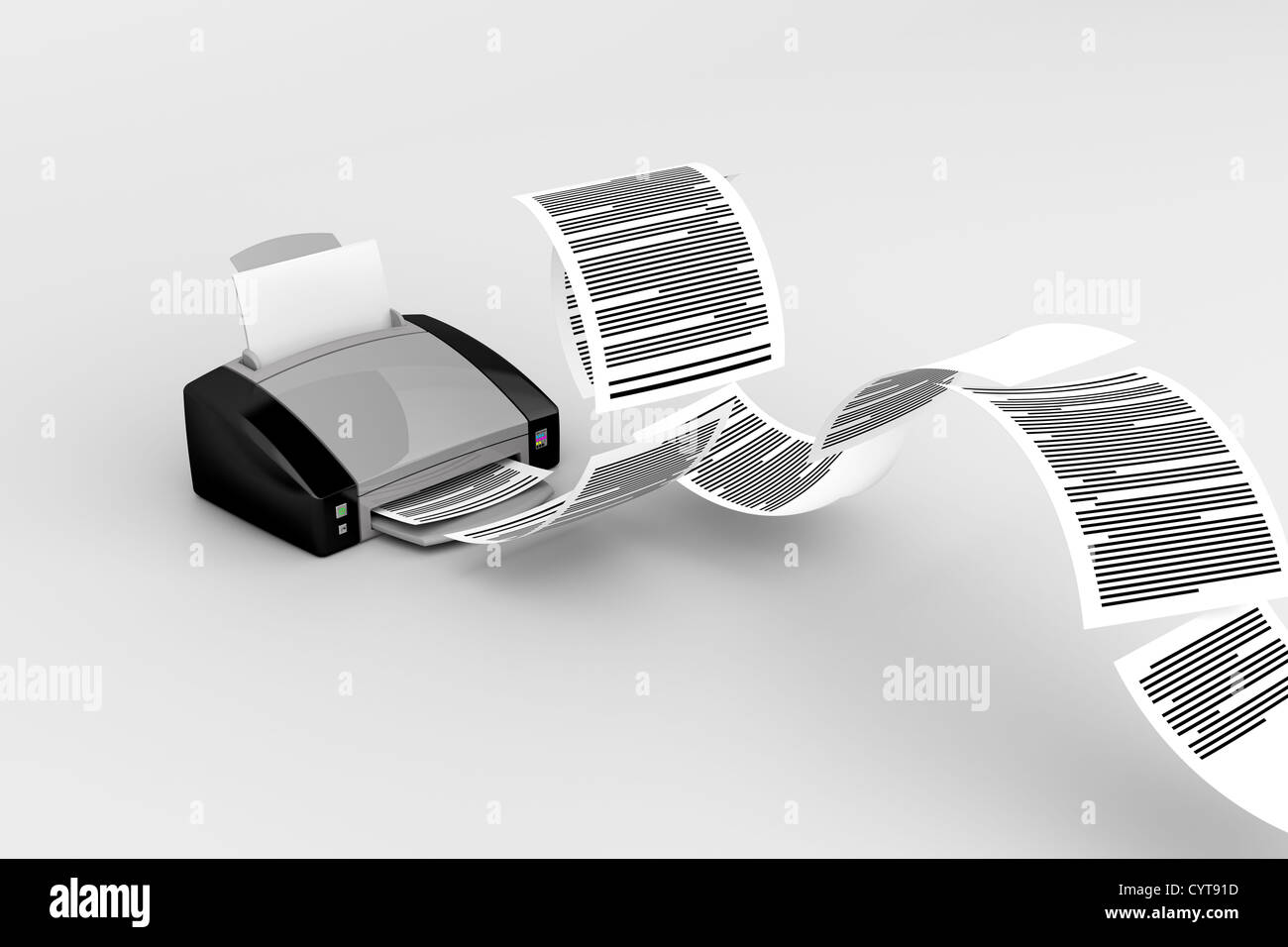 Drucker mit fliegenden Dokumente auf grauem Hintergrund Stockfoto