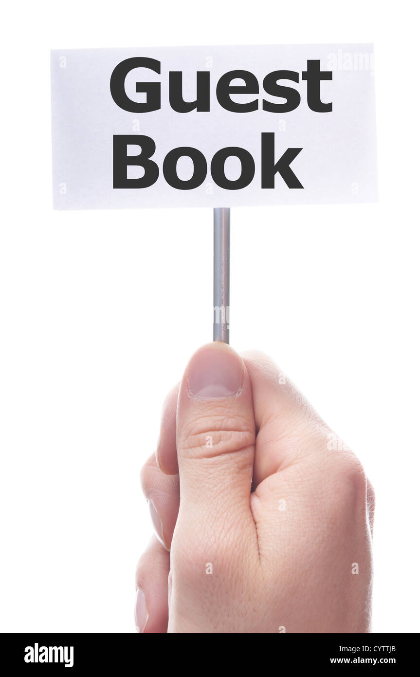 Gast-Buch oder Gästebuch-Konzept mit Hand und Papier Stockfoto