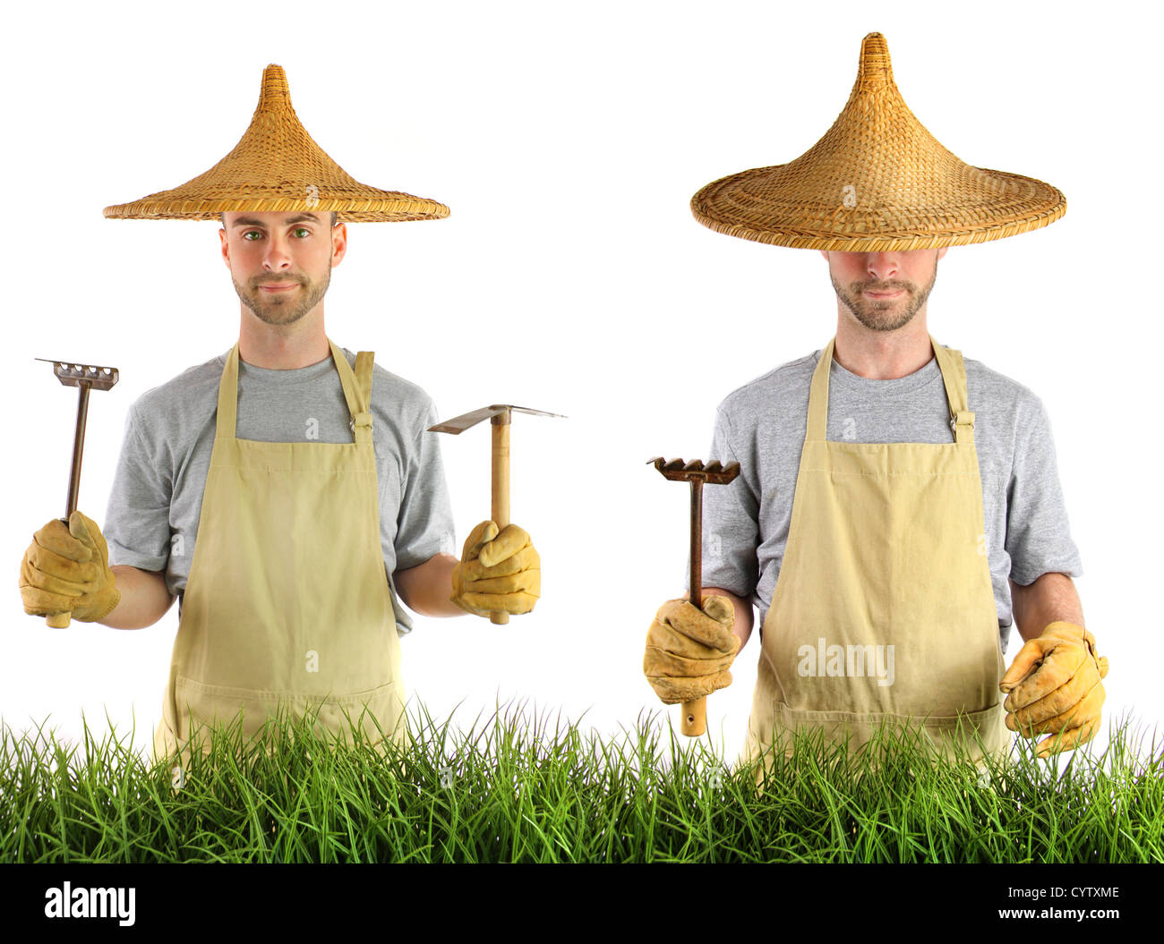 Mann mit asiatischen Hut vor weißem Hintergrund Stockfoto