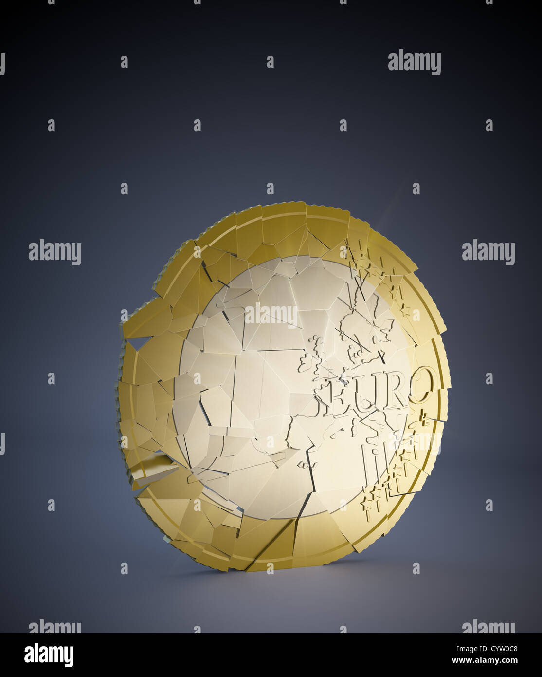 Eine Euro-Münze, die auseinander fallen Stockfoto