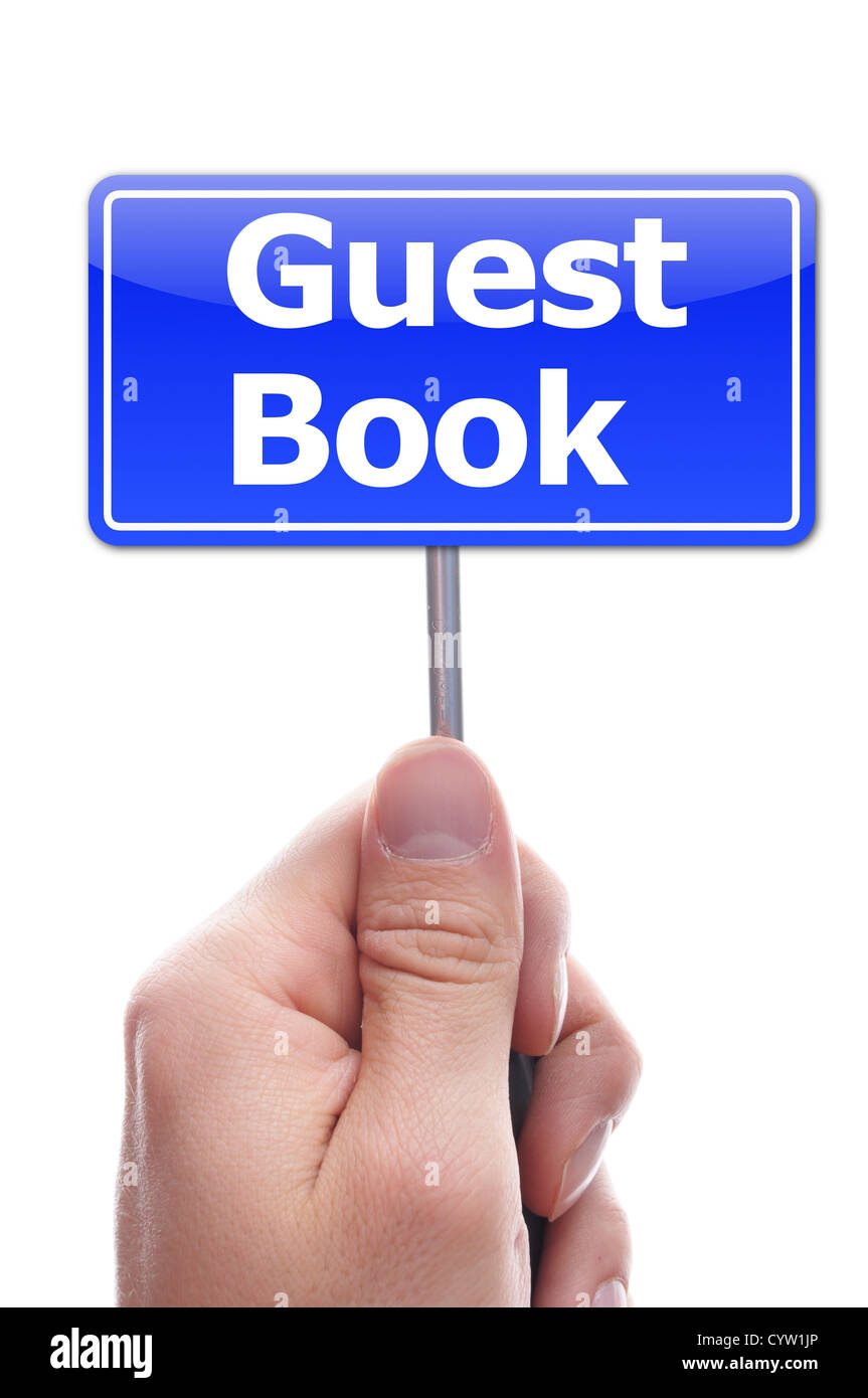Gast-Buch oder Gästebuch-Konzept mit Hand und Papier Stockfoto