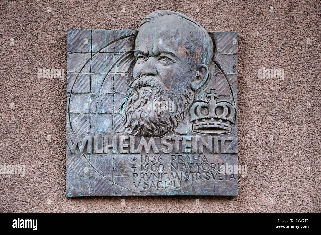 Prag, Tschechische Republik. Gedenktafel für Wilhelm Steinitz, (erste unangefochtene Weltmeister im Jahre 1886) Stockfoto