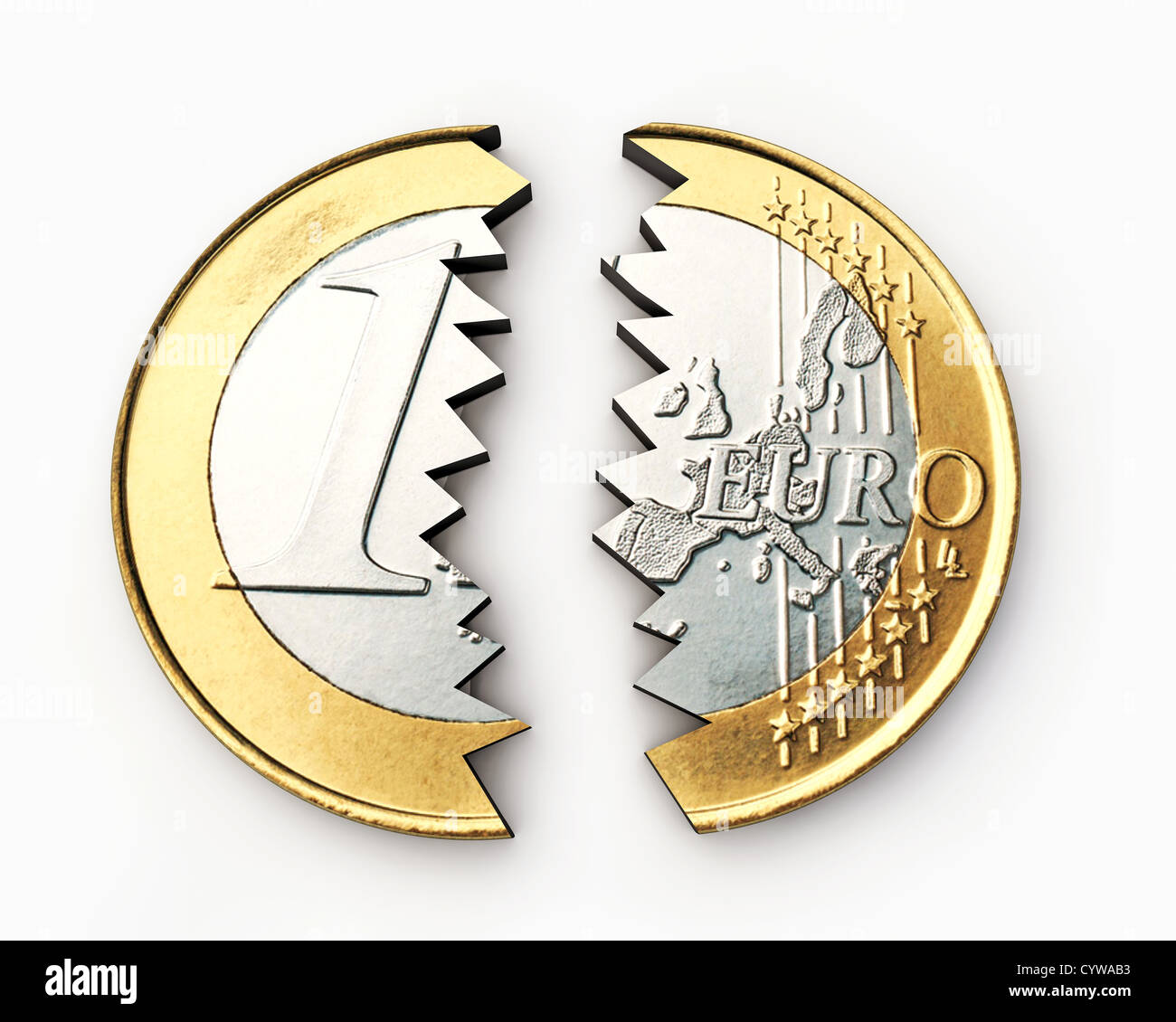 gebrochen-Euro-Münze isoliert auf weißem Hintergrund Stockfoto