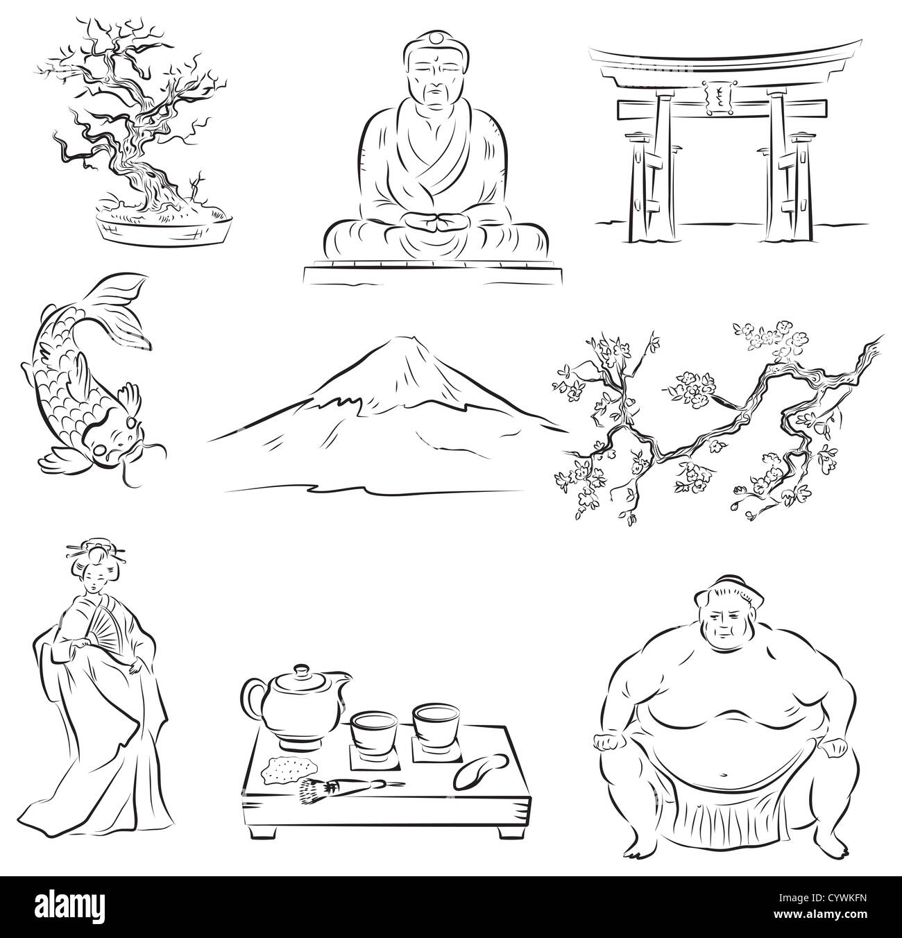 Schöner Satz von Vektor-Skizzen der Symbole der japanischen Kultur Stockfoto