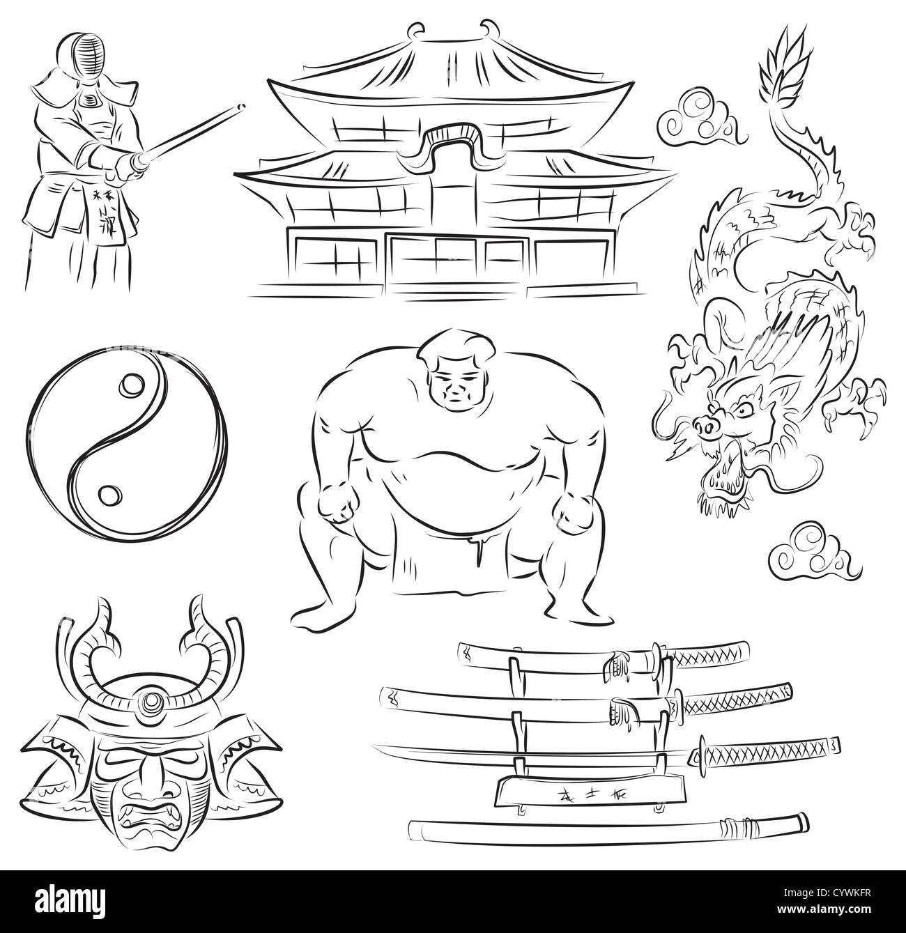 JapanBeautiful Satz von Vektor-Skizzen der Symbole der japanischen Kultur Stockfoto