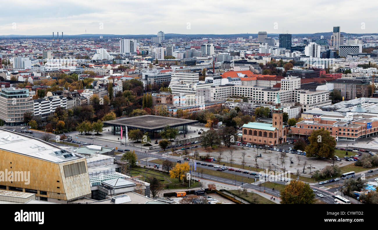 Luftbild von Berlin und der neuen Nationalgalerie vom Panoramo Punkt am Potsdamer Platz, Berlin Stockfoto