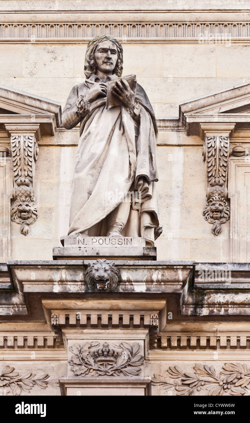 Statue von Nicolas Poussin (1594-1665), französische Künstler in der Cour Napoleon, Louvre-Museum, Paris Stockfoto