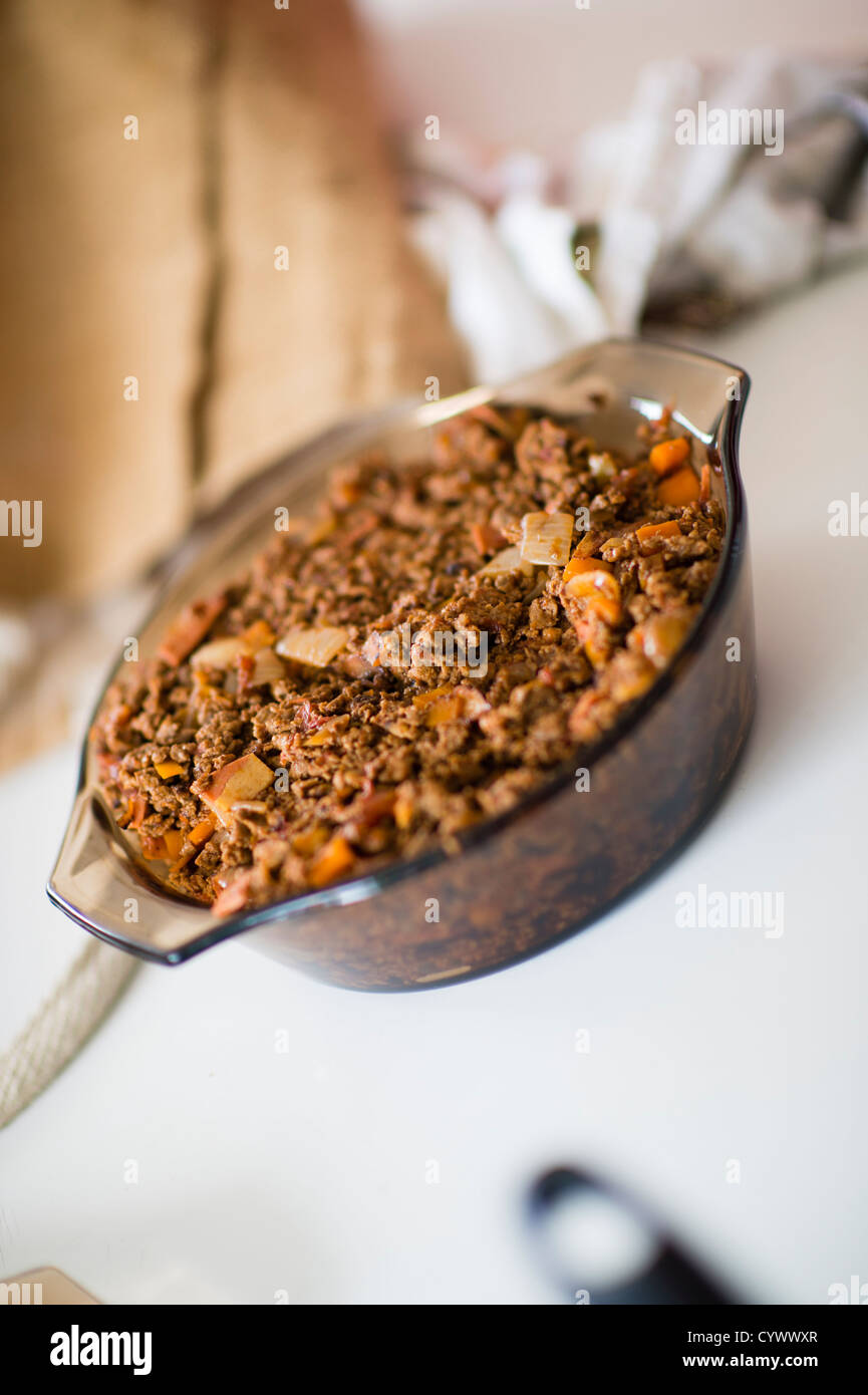 Eine Schüssel mit Bolognese-Sauce Wissenschaft Lebensmitteltechnologie Kochkurs bei einer sekundären Gesamtschule, Wales UK Stockfoto