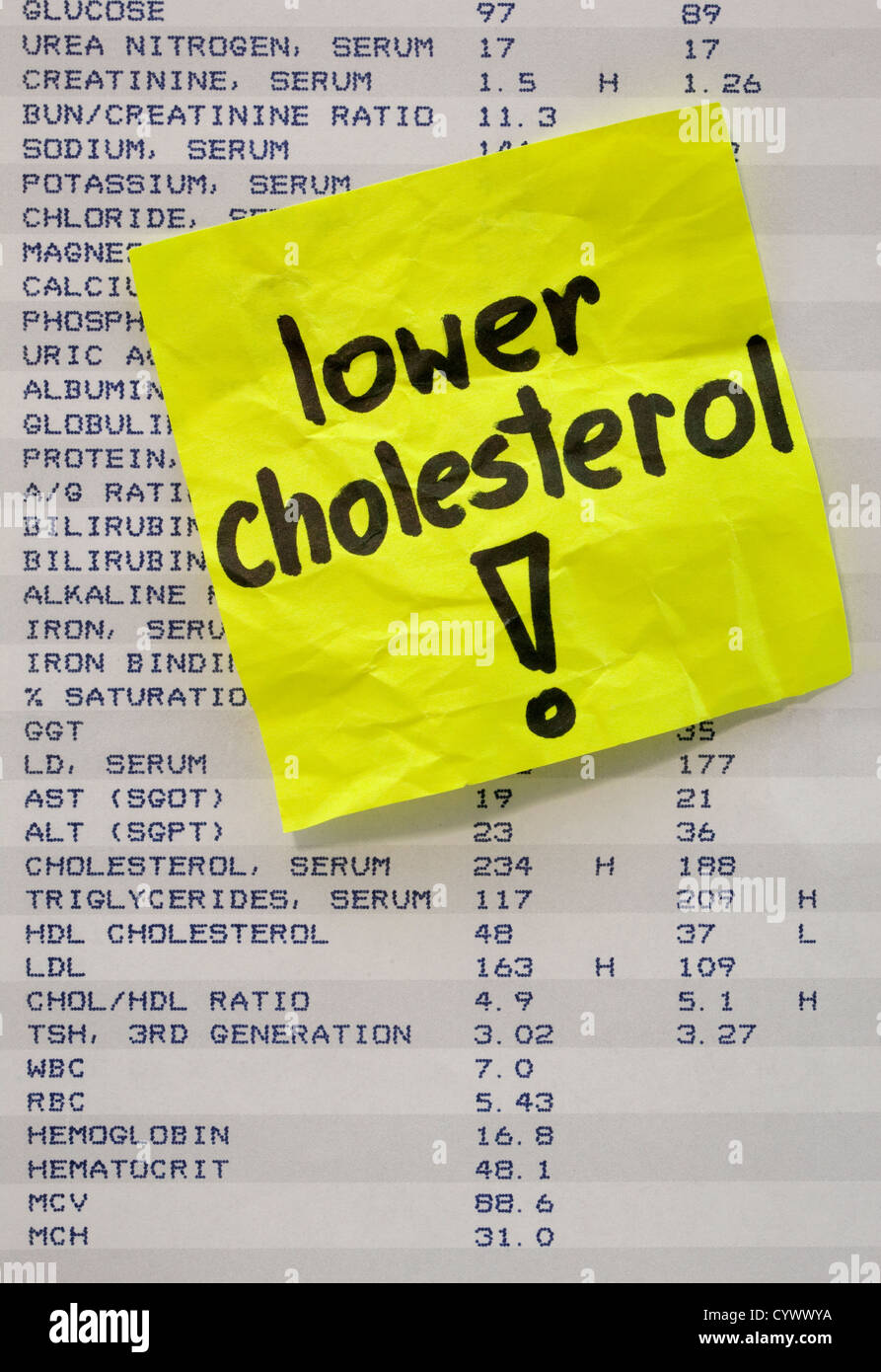 niedrigere Cholesterin - gelbe Notiz auf Ausdruck mit Blutwerte Stockfoto