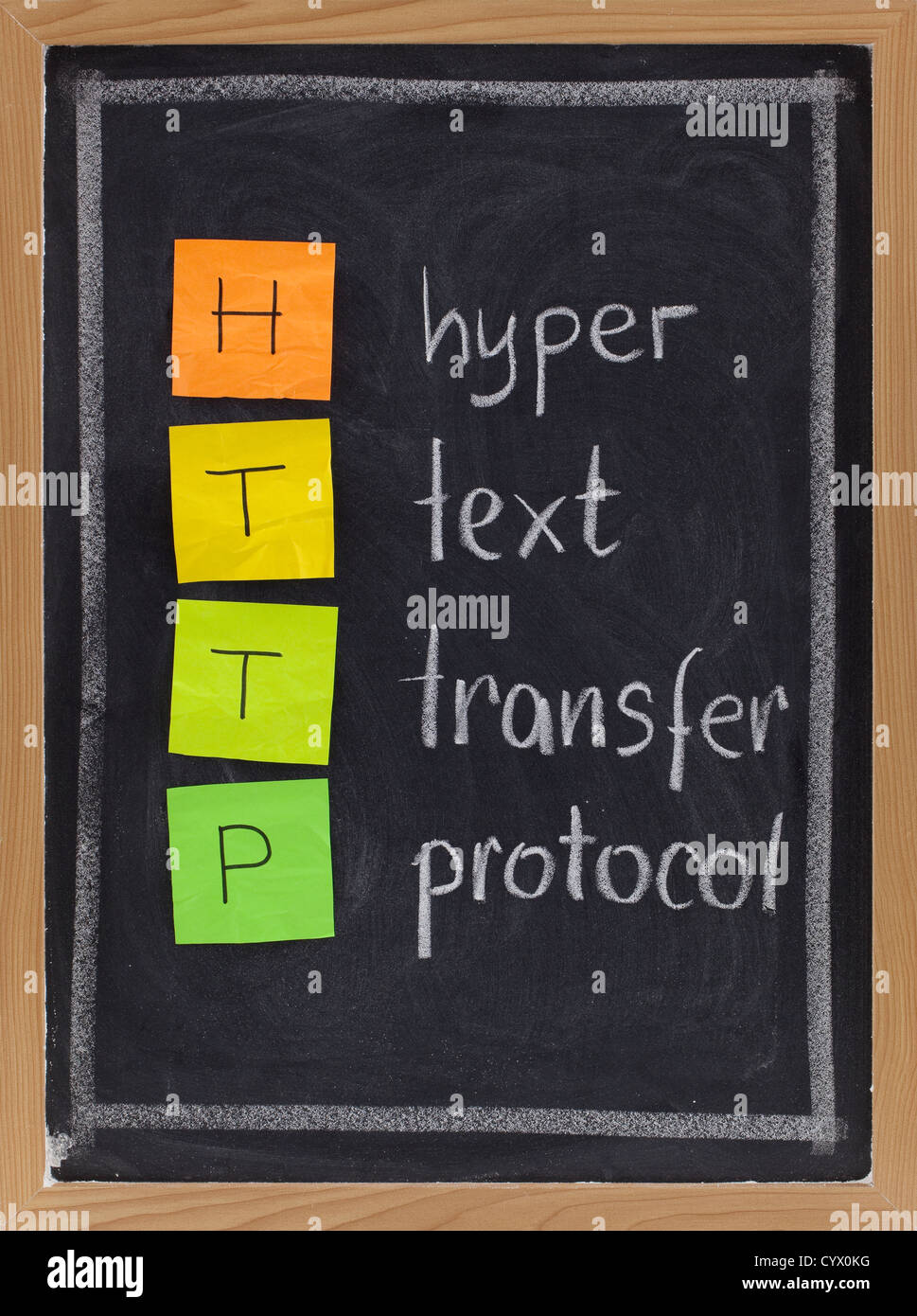 http (hyper Text Transfer Protocol) Abkürzung erklärt auf Tafel, Farbe, Haftnotizen und weiße Kreide Handschrift Stockfoto